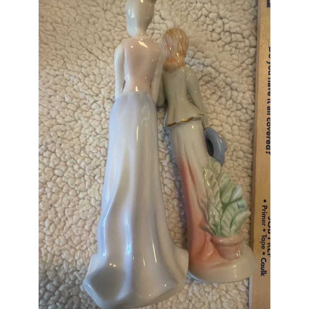 Set of 2 Vintage Style Porcelain Victorian Lady Figurines Flower Basket Hat Gold